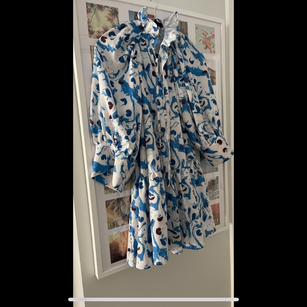 Blue and White Cuff Sleeve Ruffle Tie Neck Mini Dress